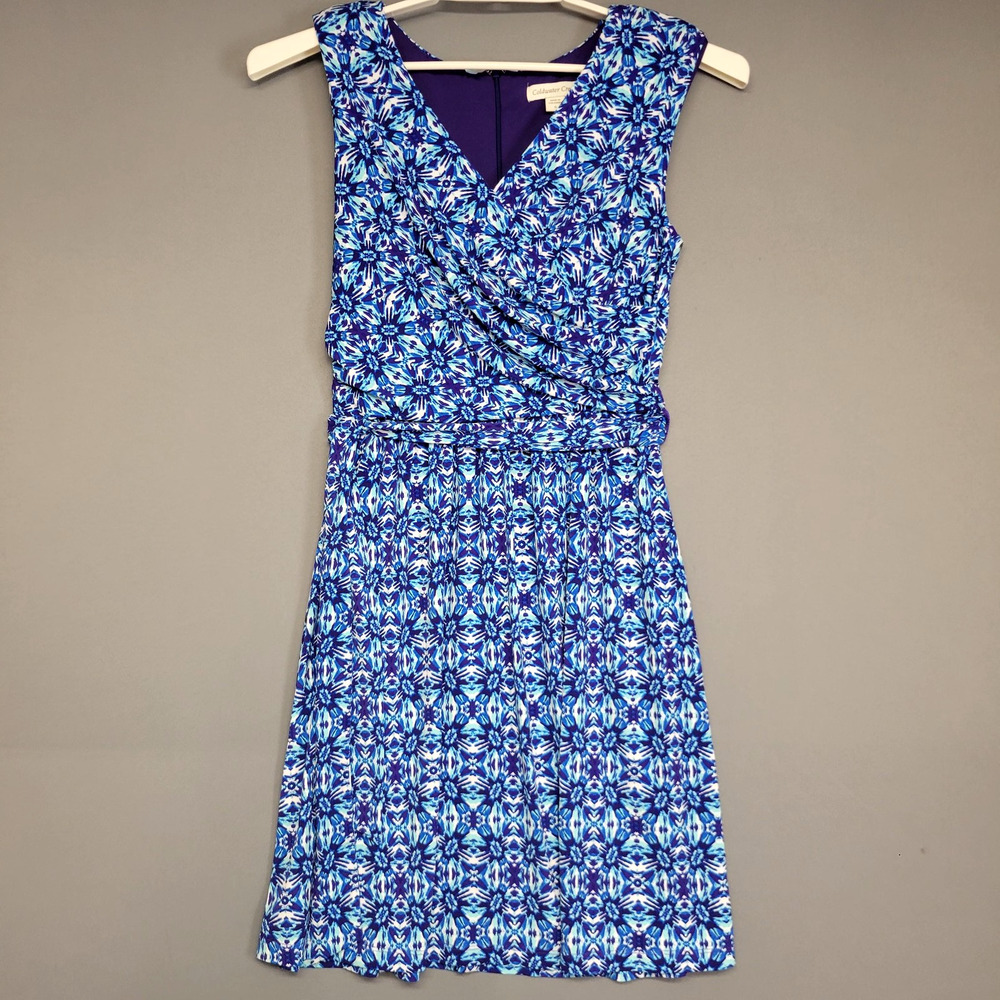 Coldwater Creek Dress Womens 6 Blue Purple Floral Sleeveless V Neck Ruched Wrap - Picture 2 of 16